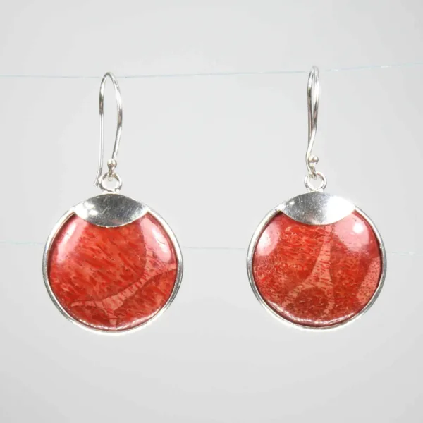 Sterling Silver and Red Coral Round Wire Hook Earrings J7ASC-088-0001